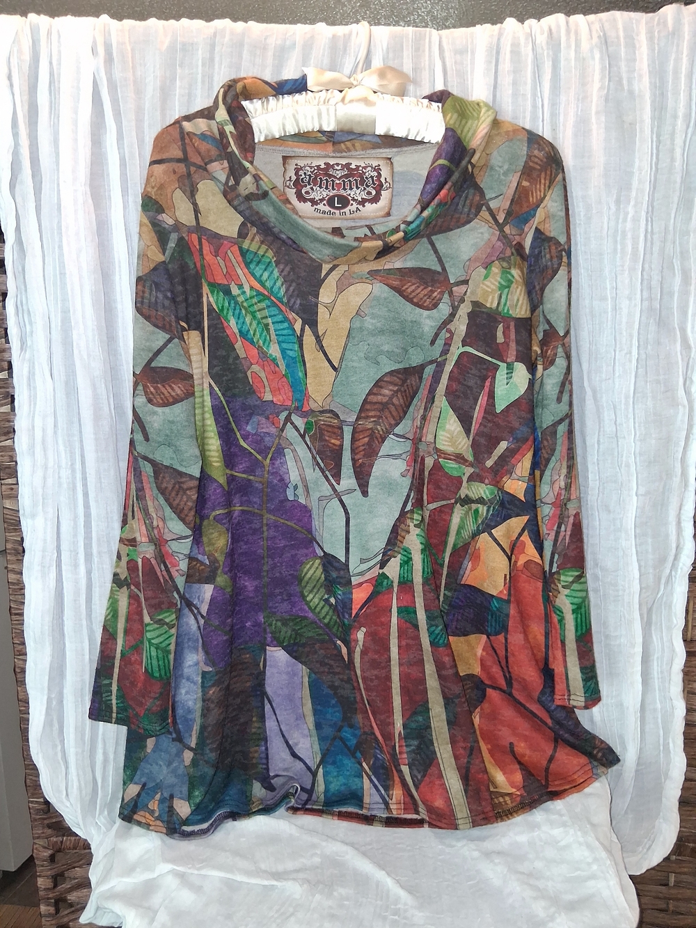 Multicolor Botanical Cowl-Neck Tunic - Green/Multi